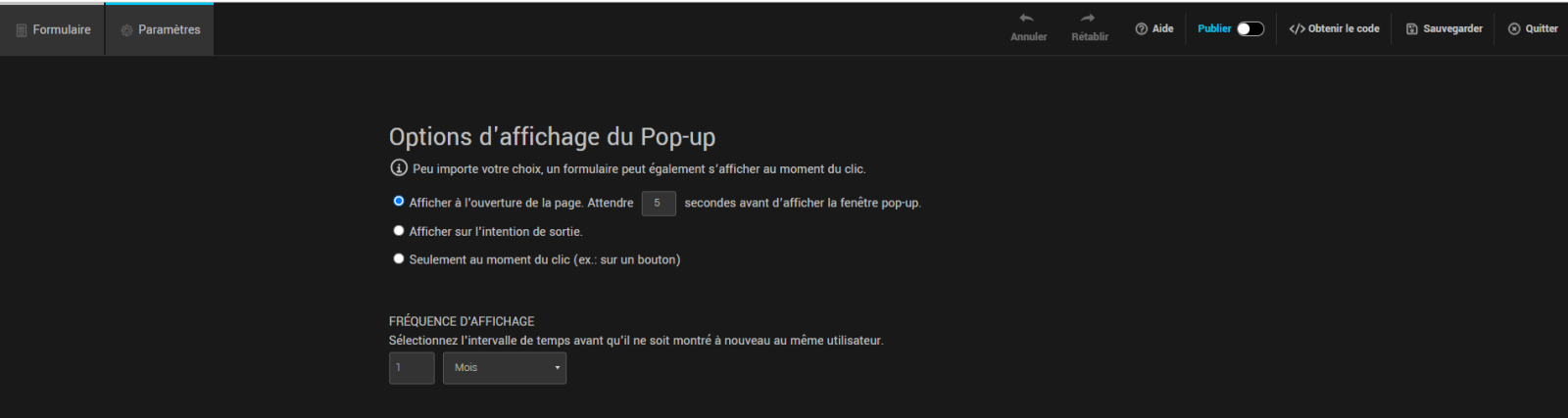Options d'affichage dans les param&egrave;tres du formulaire