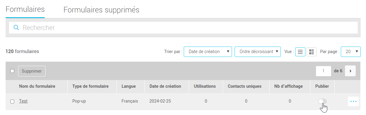 Interrupteur pour publier ou d&eacute;publier dans la liste des formulaires