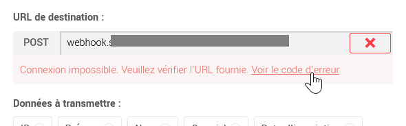 Test de l'URL d'un webhook avec &eacute;chec de la connexion