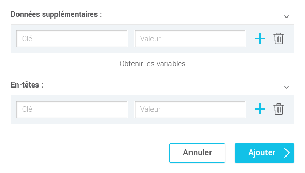 Champs Donn&eacute;es suppl&eacute;mentaires et En-t&ecirc;tes de la configuration du webhook