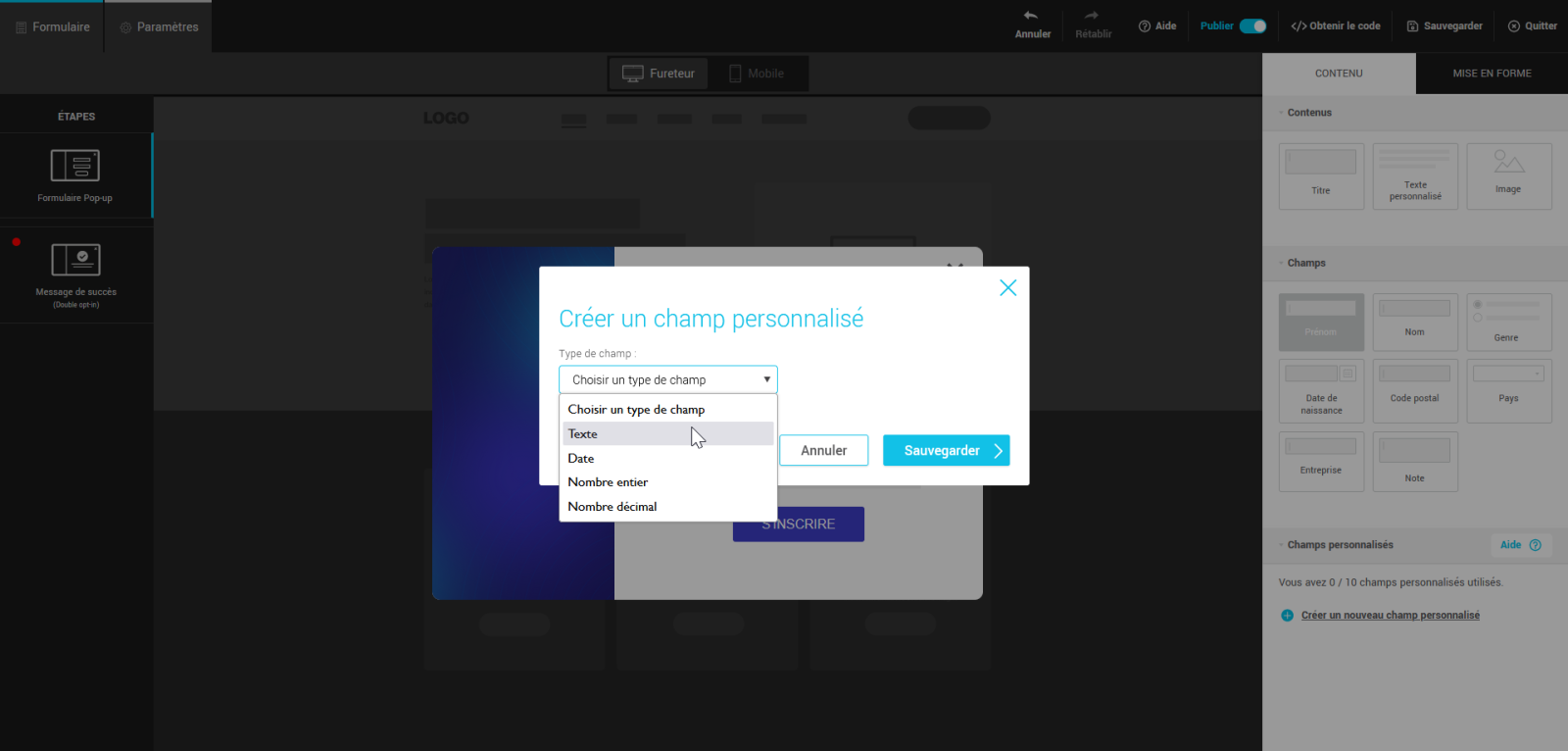 Popup de configuration pour cr&eacute;er un champ personnalis&eacute;