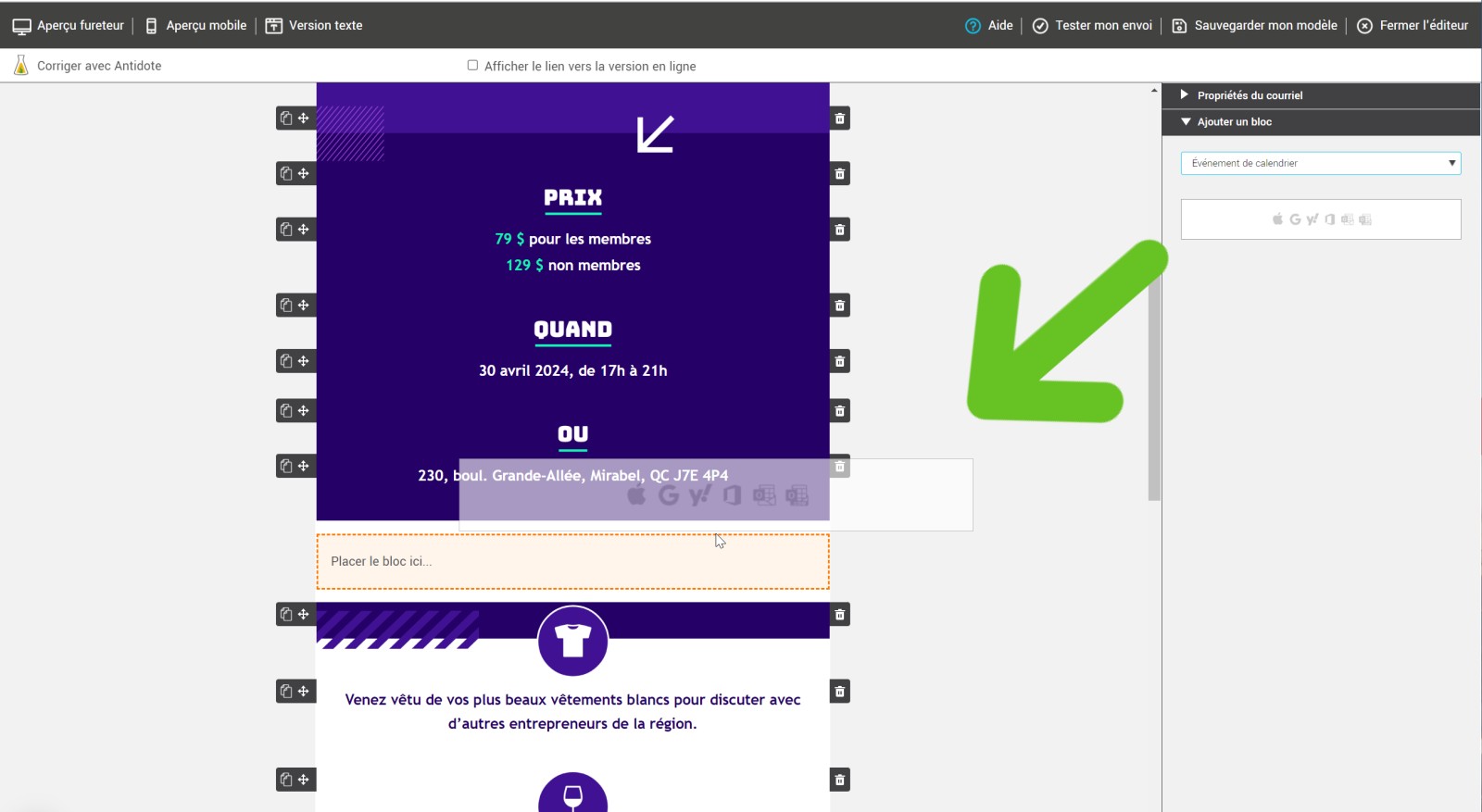 Glisser et d&eacute;poser le bloc &Eacute;v&eacute;nement de calendrier dans le mod&egrave;le