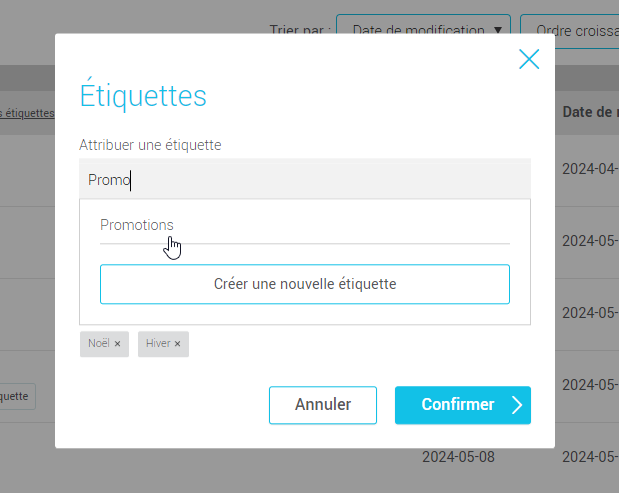 S&eacute;lectionnez une &eacute;tiquette existante