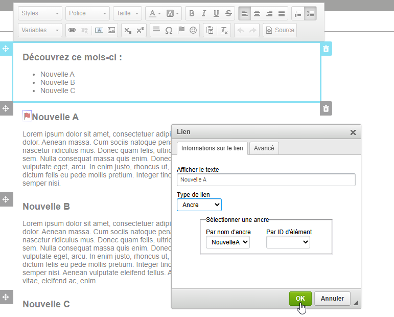 Ancre dans le m&ecirc;me bloc texte