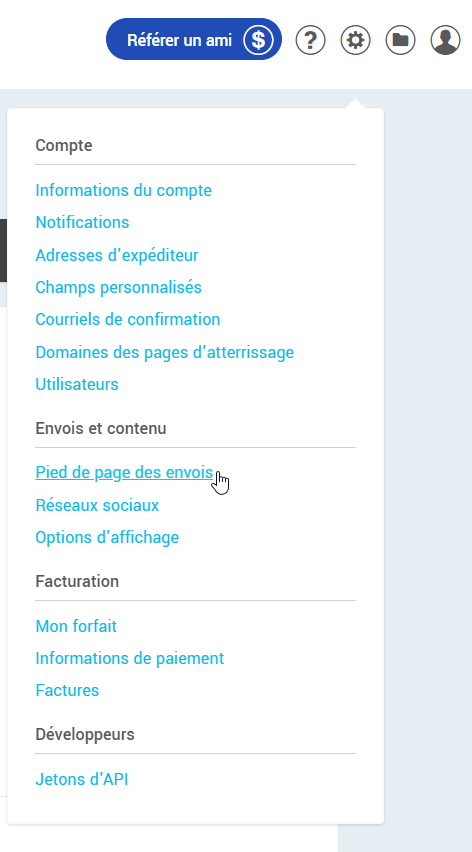 Pied de page des envois (dans les param&egrave;tres et configuration)