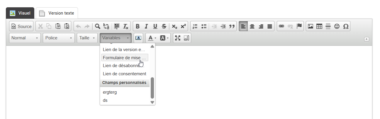 S&eacute;lectionner formulaire de mise &agrave; jour dans les variables dans l'&eacute;diteur HTML
