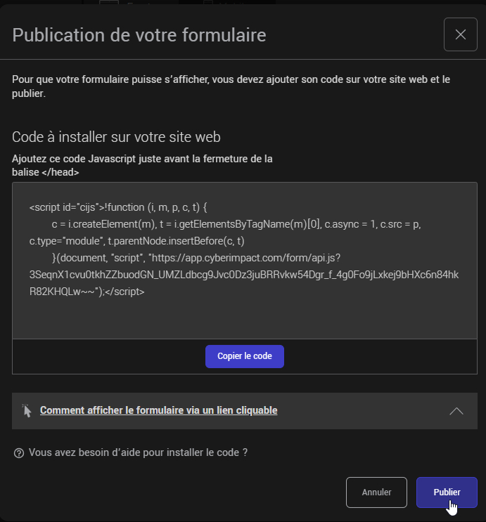 Popup de confirmation pour activer la publication de votre formulaire