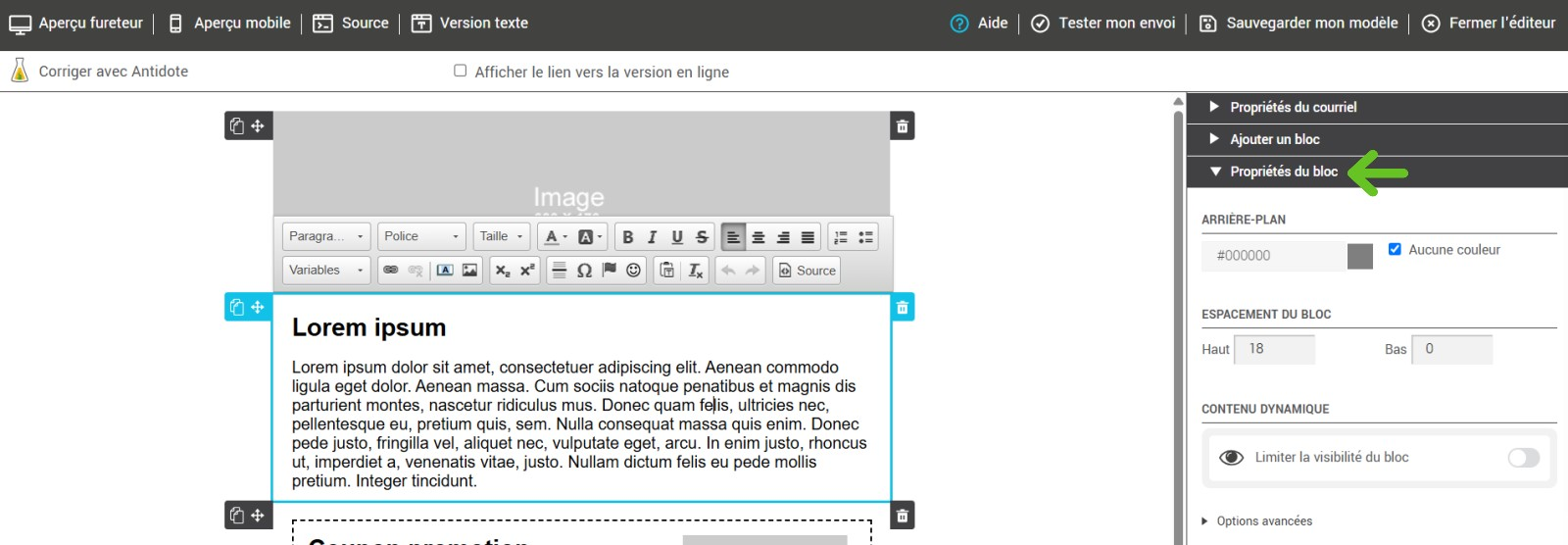 Propri&eacute;t&eacute;s du bloc