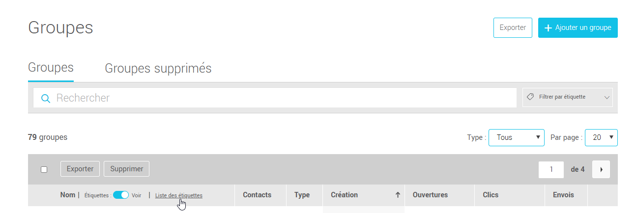Liste des &eacute;tiquettes