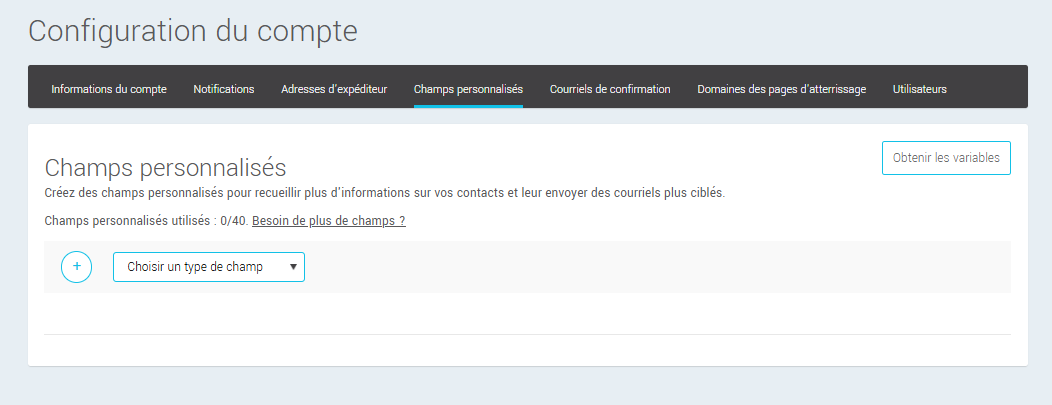 Configuration des champs personnalis&eacute;s au compte